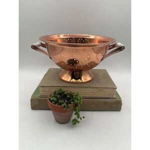 Vintage Copper Collander Blue & White Porcelain Handle / Strainer Copper MCM